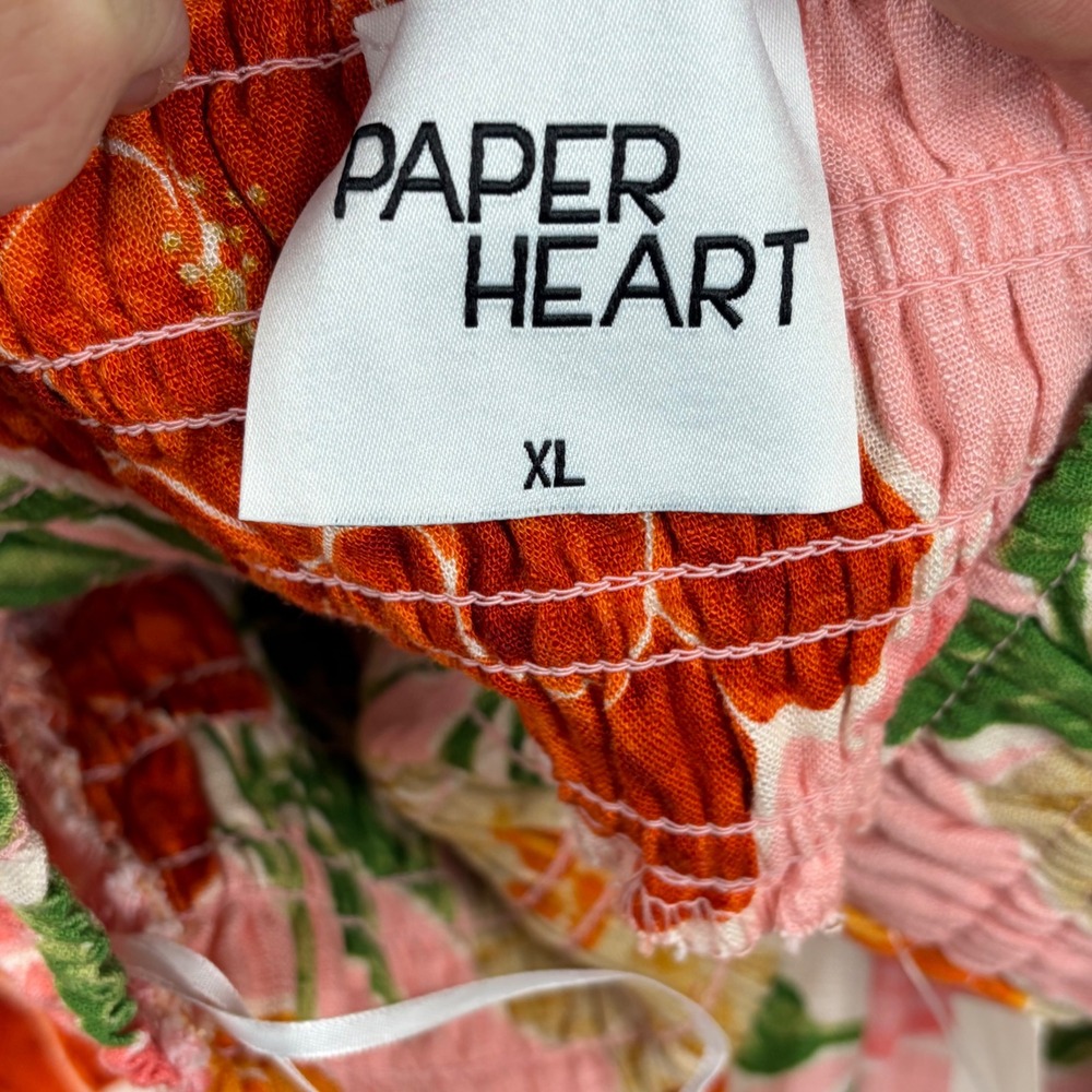 Paper Heart Floral Maxi Skirt XL Pink Linen Blend Smocked Tiered Boho Tropical - Picture 3 of 8